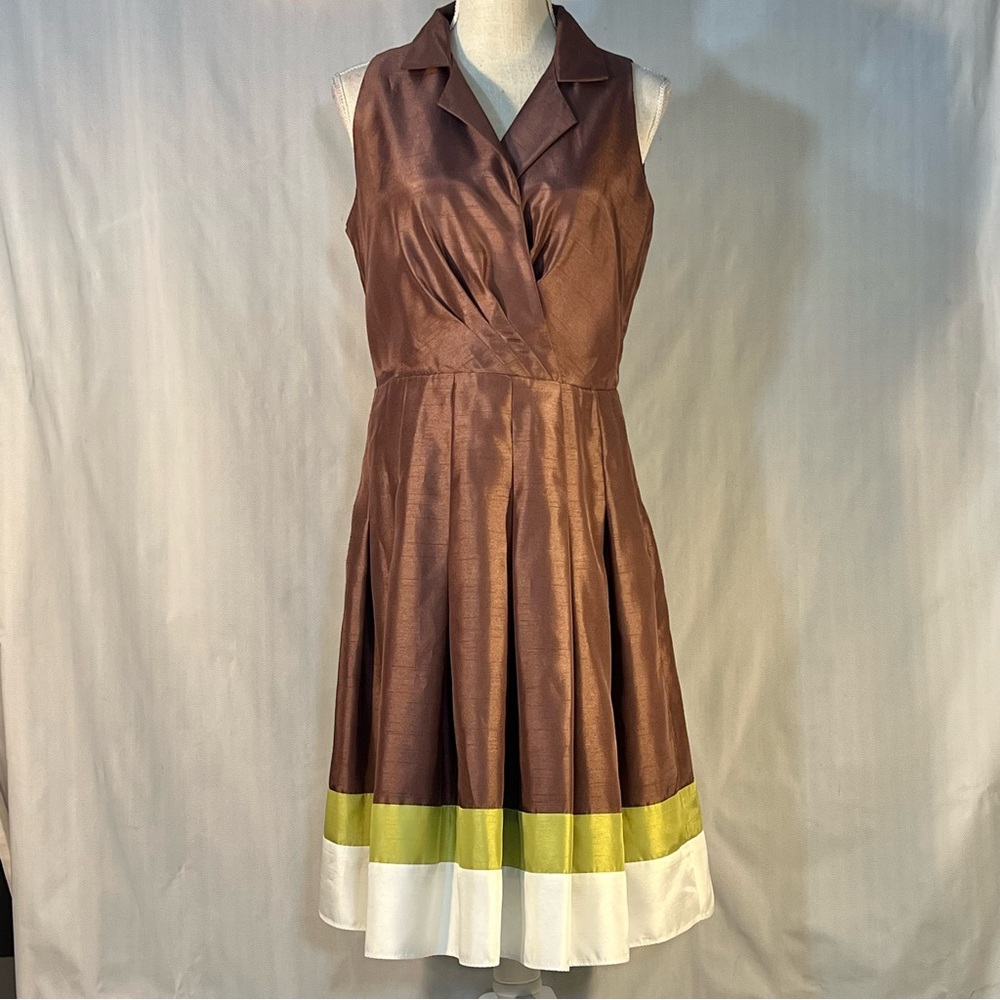 Jessica Howard Dress MIDI Brown Textured Sheen Green White Color Block Hem 12P👍